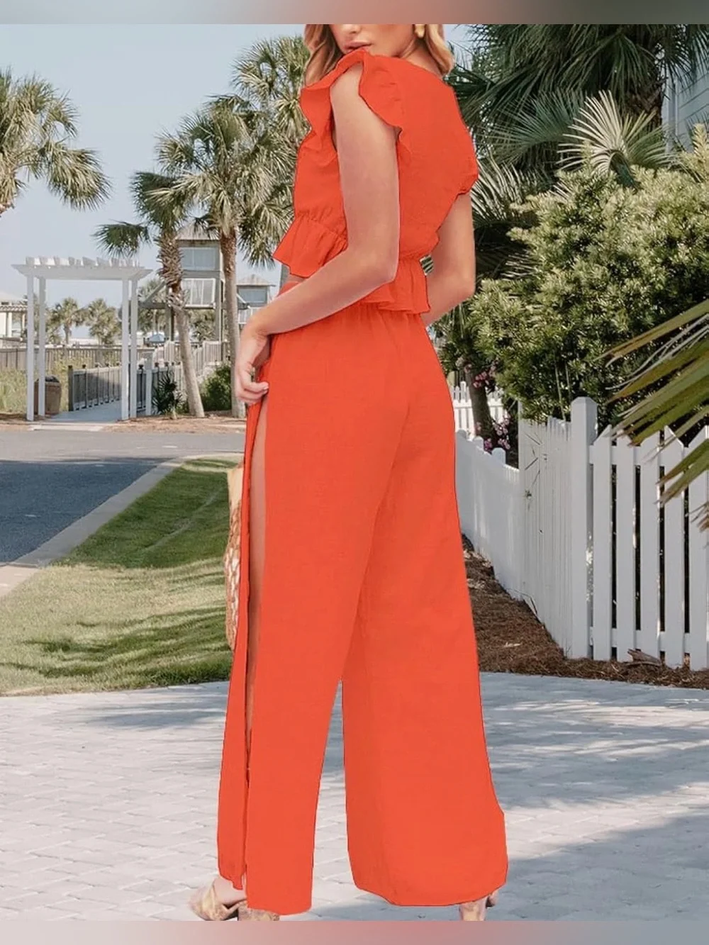 Fancyinn 2 Piece Deep V Neck Crop Top With Side Slit Drawstring Pants L Orange - Picture 2 of 9